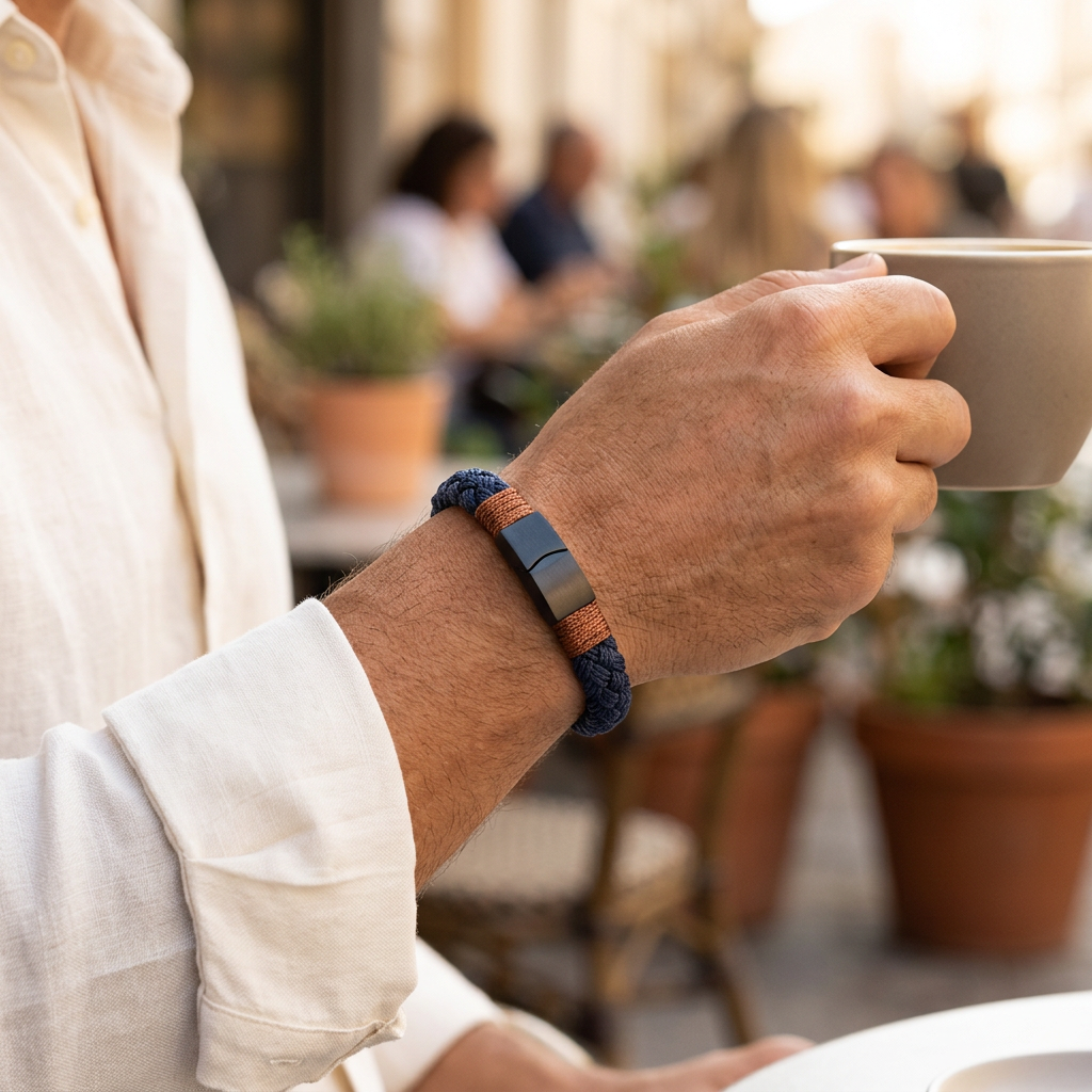 Pulsera trenzada azul marino durante un café