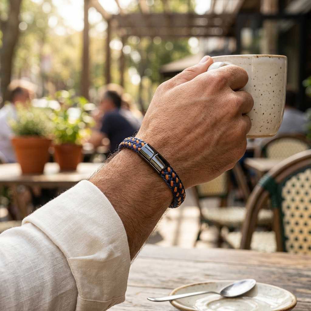 Pulsera trenzada durante un café