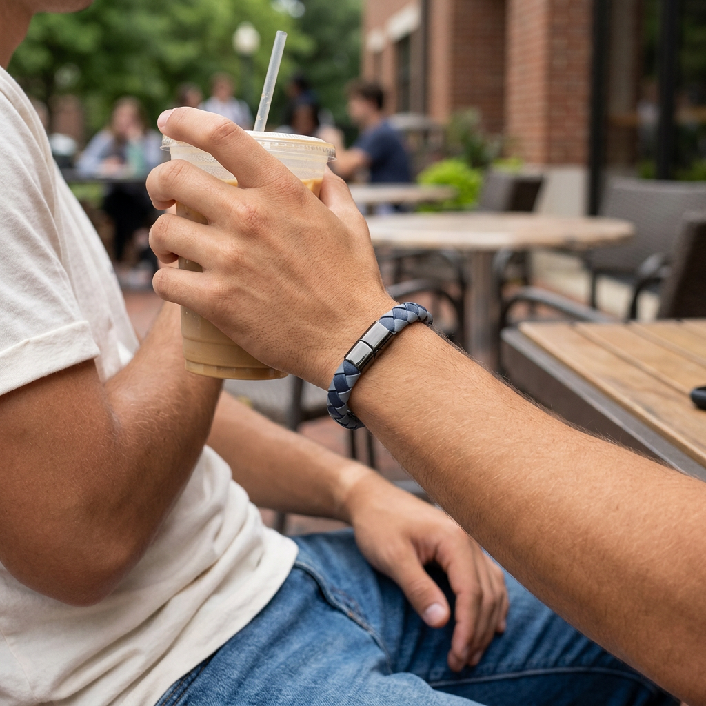 Pulsera trenzada en un café con estilo juvenil