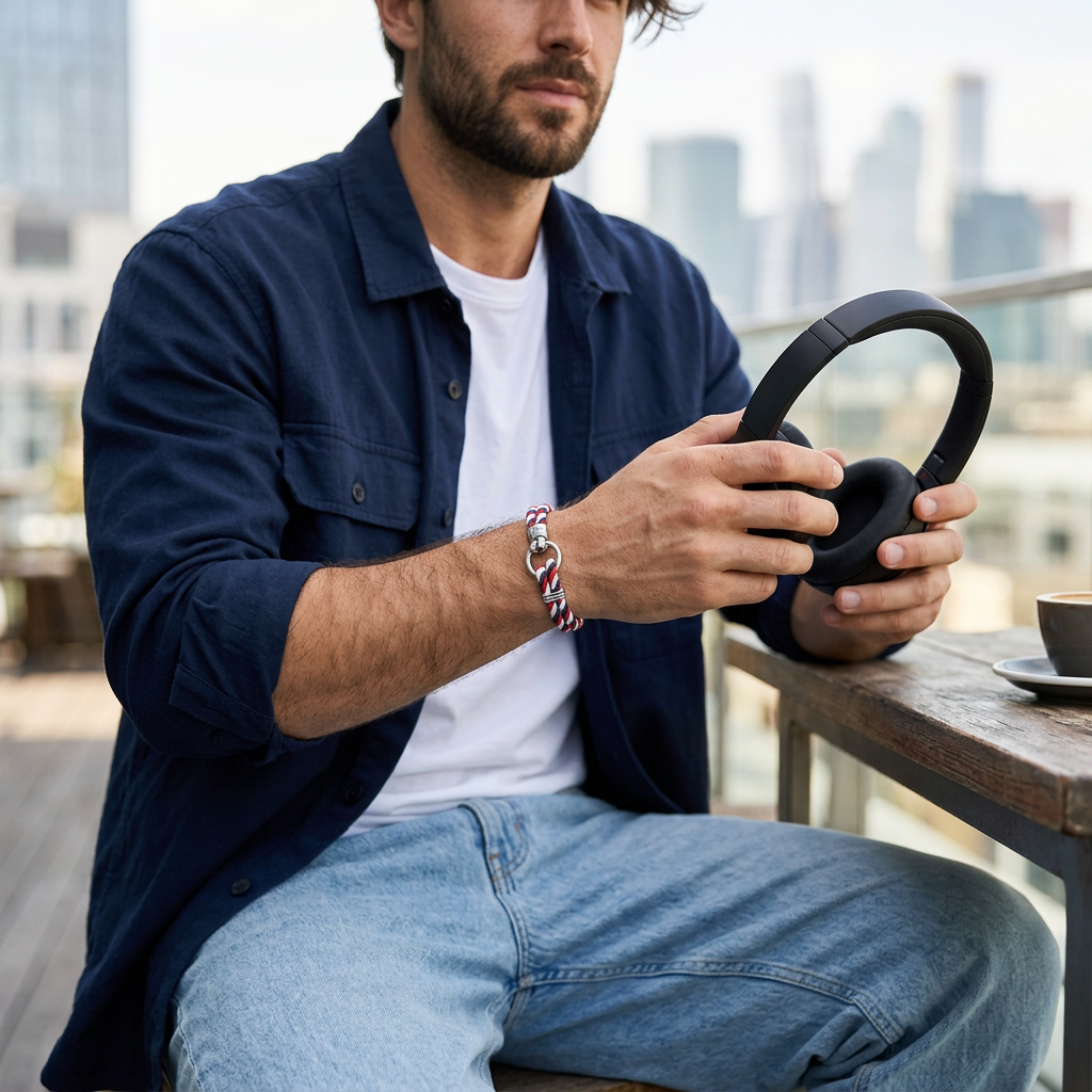 Pulsera tricolor en una escena casual contemporánea