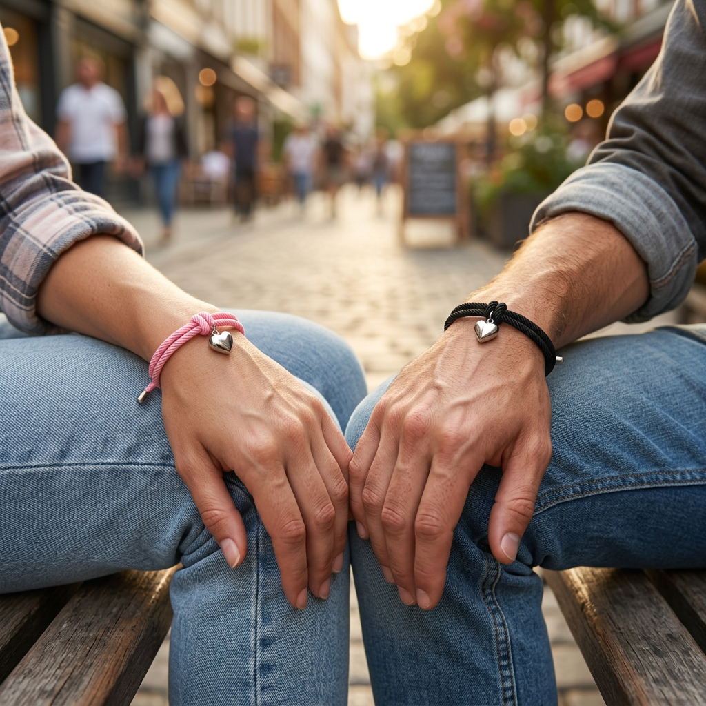 Pulseras de corazón rosa y negra en una escena cotidiana