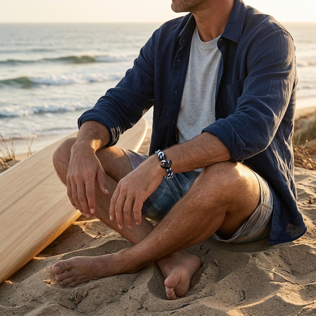Surfista descansando en la playa con pulsera de ancla