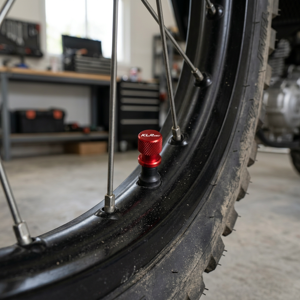 Tapón rojo instalado en una válvula de neumático de motocicleta