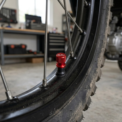 Tapón rojo instalado en una válvula de neumático de motocicleta